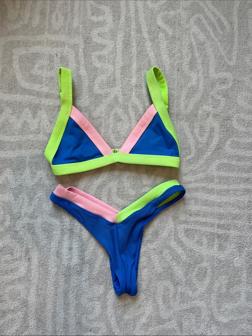 Oneone Ribbed Blue Triangle Bikini with Neon Green Straps and Pink Trim